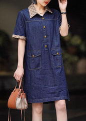 Modern Navy Peter Pan Collar Patchwork Denim Mid Dress