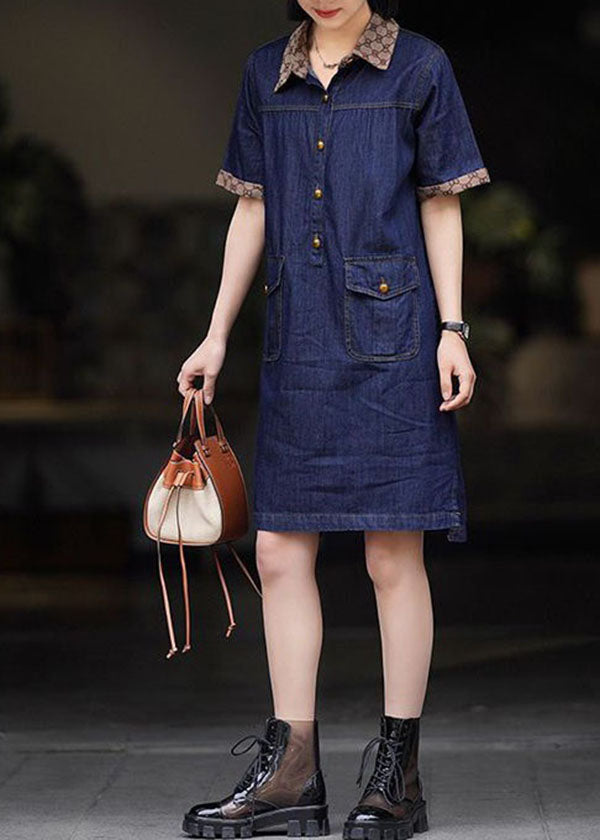 Modern Navy Peter Pan Collar Patchwork Denim Mid Dress