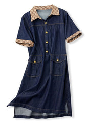 Modern Navy Peter Pan Collar Patchwork Denim Mid Dress