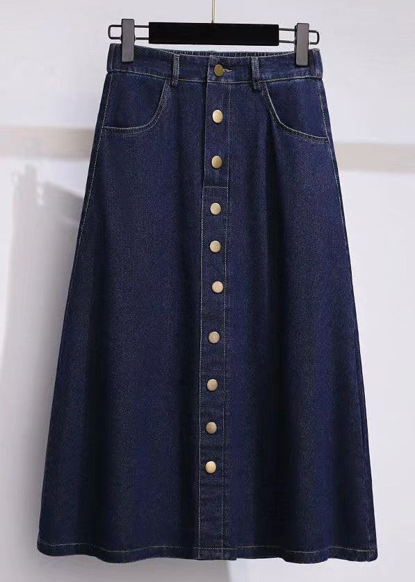 Modern Navy Pockets Button High Waist Patchwork Denim Skirt