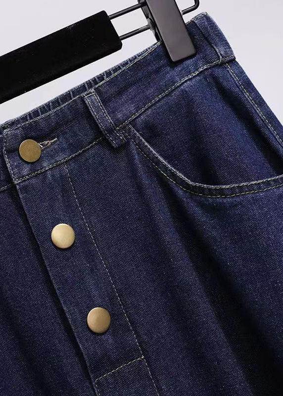 Modern Navy Pockets Button High Waist Patchwork Denim Skirt