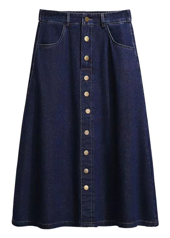 Modern Navy Pockets Button High Waist Patchwork Denim Skirt