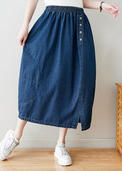 Modern Navy Wrinkled Pockets Elastic Waist Patchwork Denim Skirts