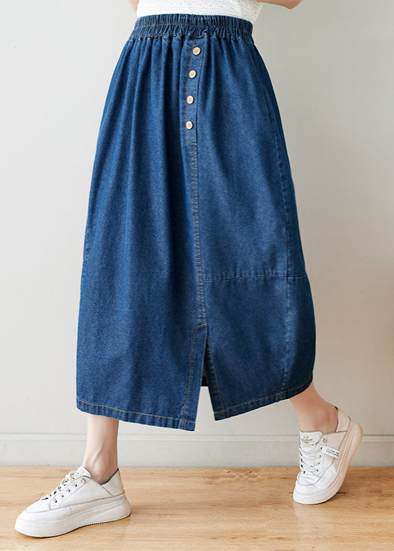 Modern Navy Wrinkled Pockets Elastic Waist Patchwork Denim Skirts