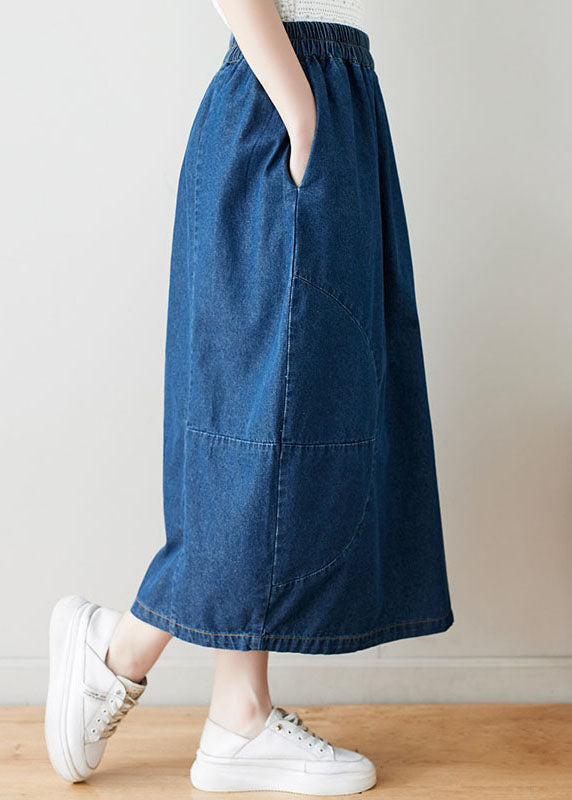 Modern Navy Wrinkled Pockets Elastic Waist Patchwork Denim Skirts