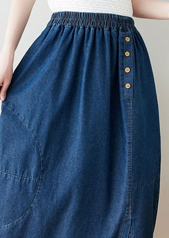 Modern Navy Wrinkled Pockets Elastic Waist Patchwork Denim Skirts