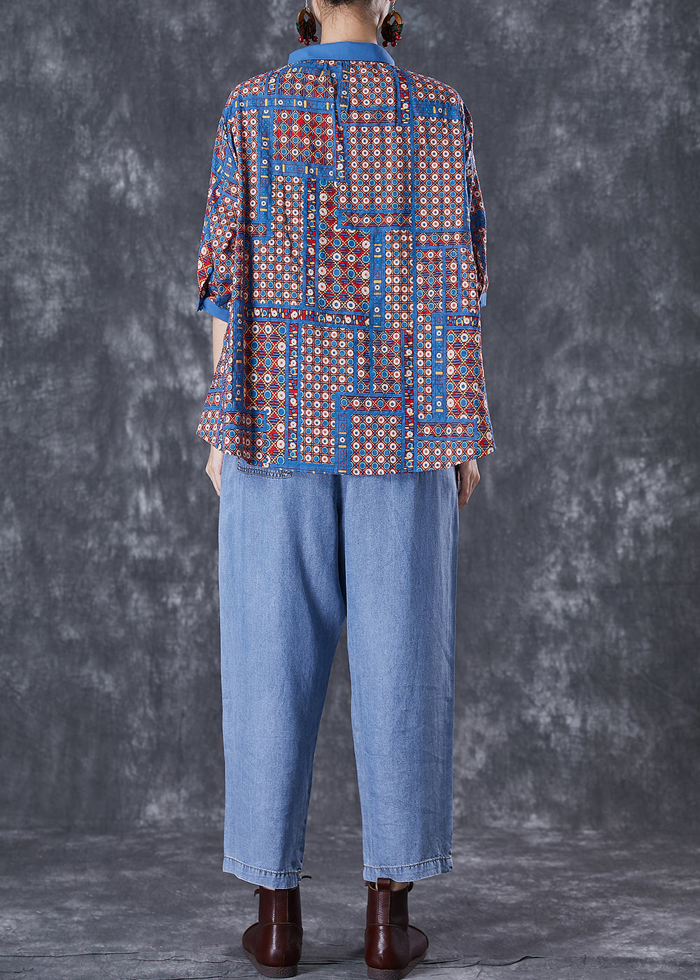 Modern Oversized Print Cotton Shirts And Denim Pants Two Pieces Set