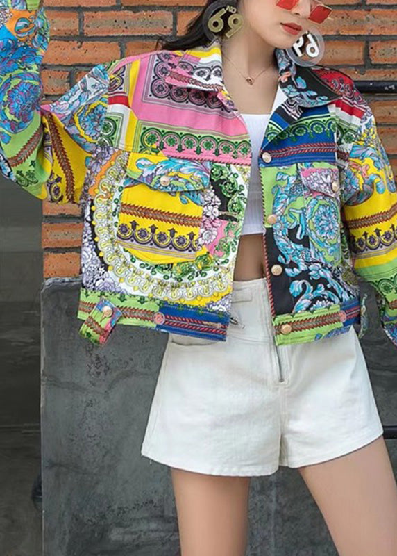 Modern Peter Pan Collar Print Patchwork Denim Coat Long Sleeve