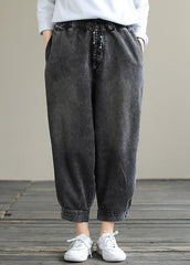 Modern Wide Leg Pants Trendy Plus Size Denim Gray Sewing Elastic Waist Pockets Jeans