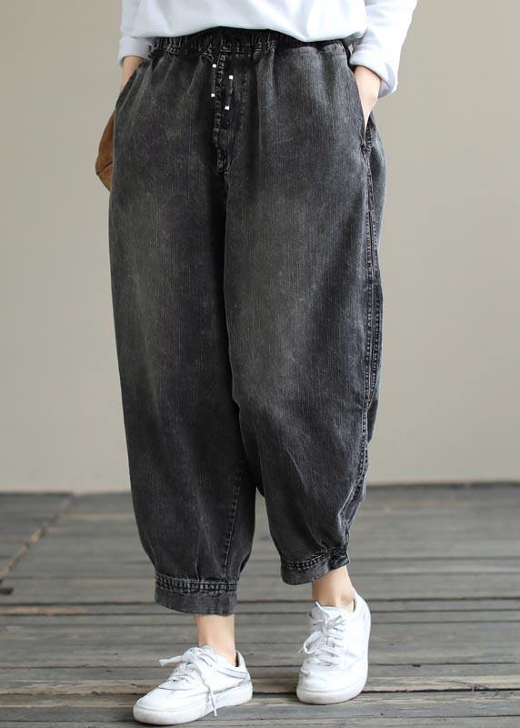 Modern Wide Leg Pants Trendy Plus Size Denim Gray Sewing Elastic Waist Pockets Jeans