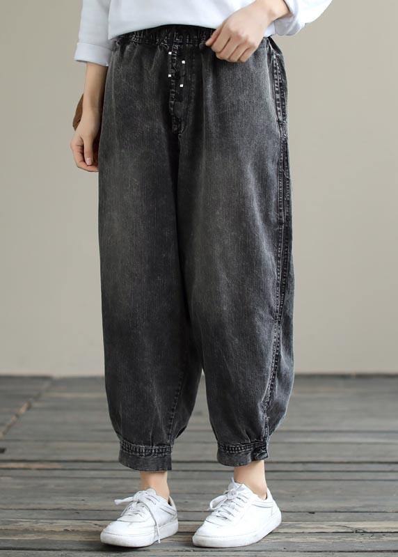 Modern Wide Leg Pants Trendy Plus Size Denim Gray Sewing Elastic Waist Pockets Jeans