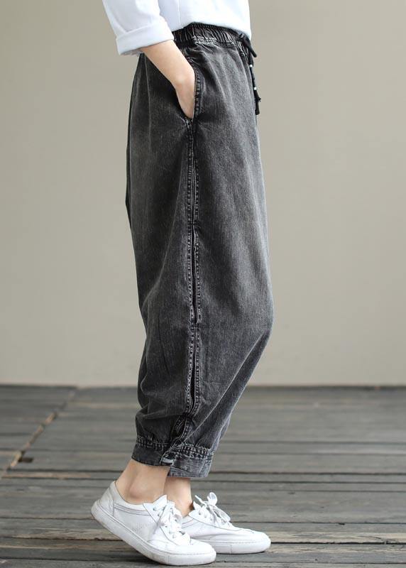 Modern Wide Leg Pants Trendy Plus Size Denim Gray Sewing Elastic Waist Pockets Jeans