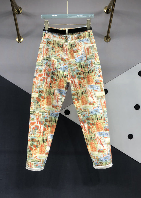 Modern Yellow Print Pockets Patchwork Denim Pants Fall