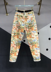 Pantalones vaqueros de patchwork con bolsillos y estampado amarillo moderno para otoño