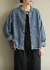 Modern stand collar pockets Plus Size Coats denim blue Knee jackets