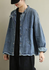 Modern stand collar pockets Plus Size Coats denim blue Knee jackets