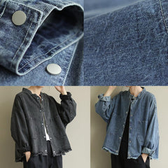 Modern stand collar pockets Plus Size Coats denim blue Knee jackets