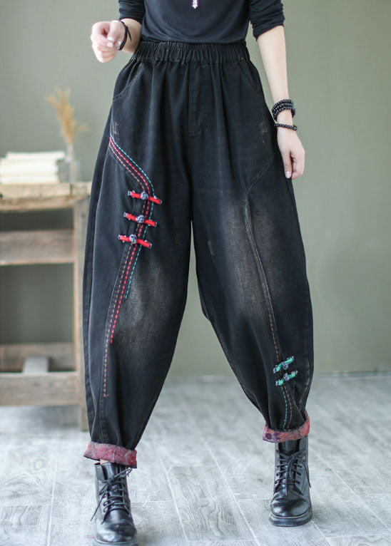 Pantalones harén de mezclilla con botones negros naturales