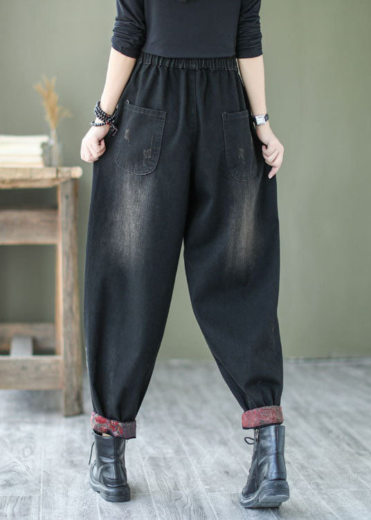 Pantalones harén de mezclilla con botones negros naturales