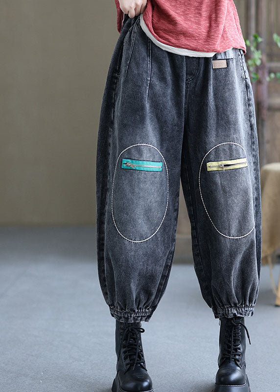 Pantalones vaqueros casuales negros naturales con bolsillos y cintura elástica para otoño