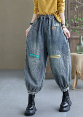 Natural Black Casual Elastic Waist Pockets Fall Denim Pants