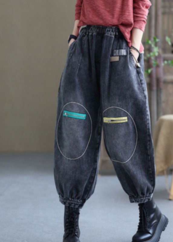 Pantalones vaqueros casuales negros naturales con bolsillos y cintura elástica para otoño