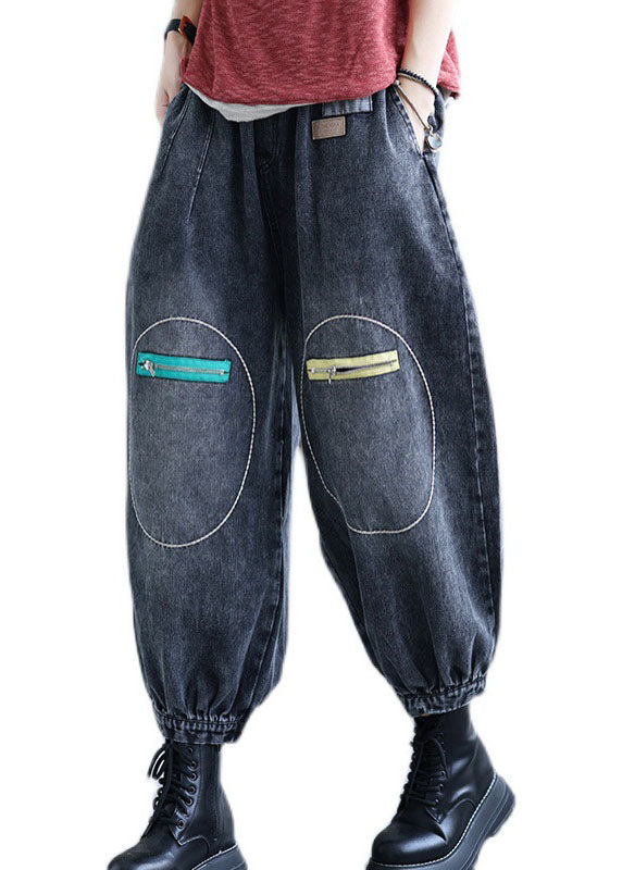 Pantalones vaqueros casuales negros naturales con bolsillos y cintura elástica para otoño