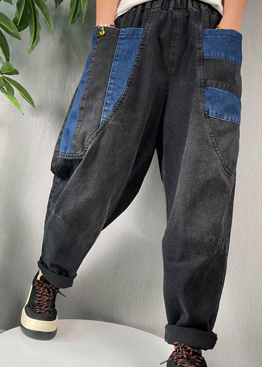 Natürliche schwarze Patchwork-Haremshose aus Denim