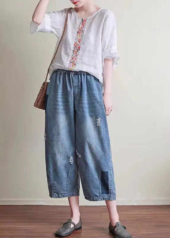 Natural Blue Casual Pockets Hole Harem Fall Denim Pant