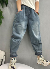 Natural Blue Embroideried Patchwork denim Pants