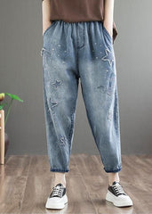 Natural Blue Embroideried Pockets Patchwork Denim Pants