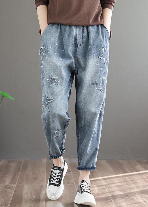 Natural Blue Embroideried Pockets Patchwork Denim Pants