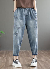 Natural Blue Embroideried Pockets Patchwork Denim Pants