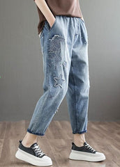 Natural Blue Embroideried Pockets Patchwork Denim Pants