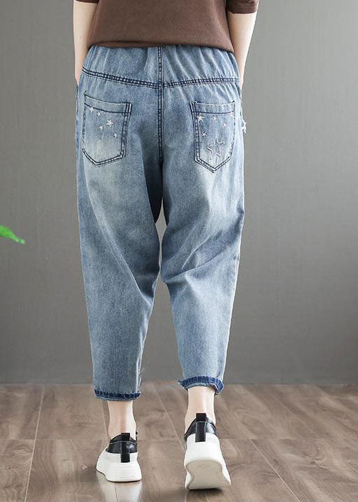 Natural Blue Embroideried Pockets Patchwork Denim Pants