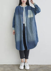 Natural Blue O Neck Pockets Patchwork Denim Outwear