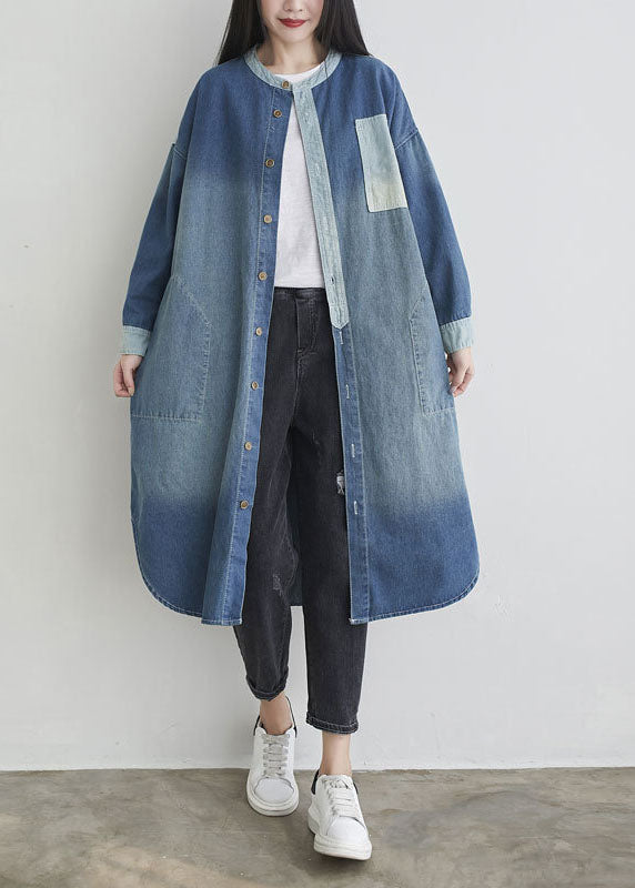 Natural Blue O Neck Pockets Patchwork Denim Outwear