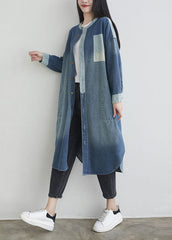 Natural Blue O Neck Pockets Patchwork Denim Outwear