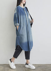 Natural Blue O Neck Pockets Patchwork Denim Outwear