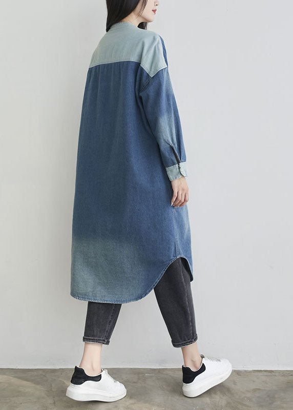 Natural Blue O Neck Pockets Patchwork Denim Outwear