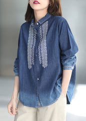 Natural Blue Peter Pan Collar Embroideried Patchwork Denim Shirt Long Sleeve