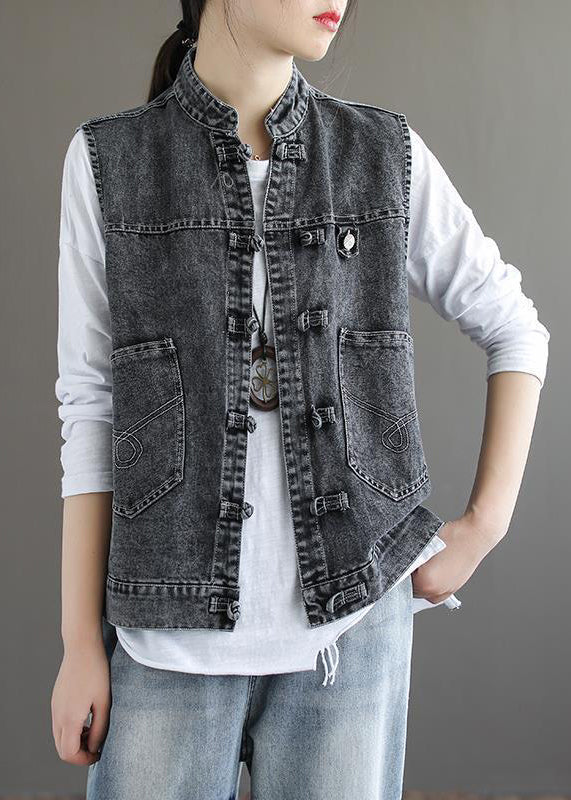 Natural Blue Stand Collar Pockets Patchwork Denim Waistcoat Sleeveless