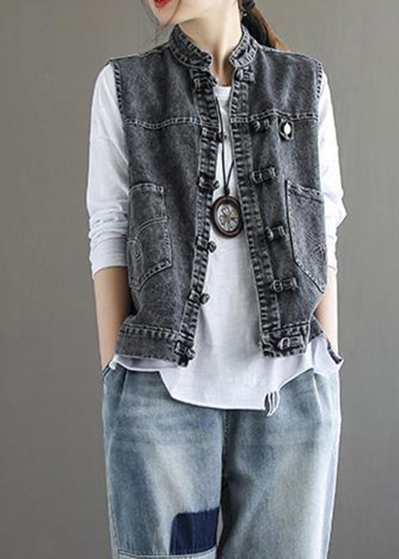 Natural Blue Stand Collar Pockets Patchwork Denim Waistcoat Sleeveless