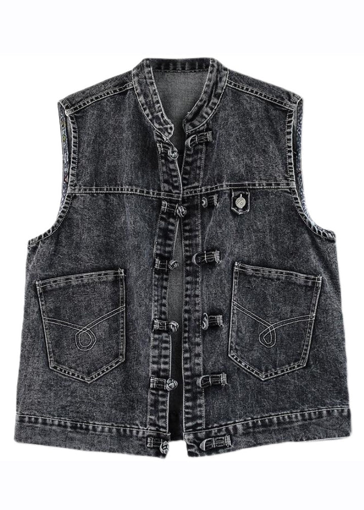 Natural Blue Stand Collar Pockets Patchwork Denim Waistcoat Sleeveless