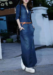 Natural Blue V Neck Button Pockets Patchwork Denim Long Dress Fall