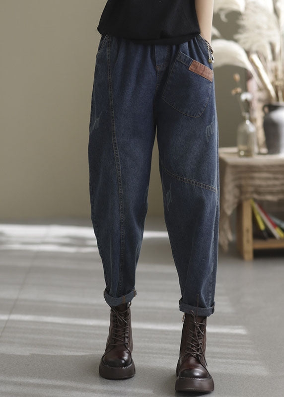 Natural blue-blue love elastic waist Pockets denim Pants