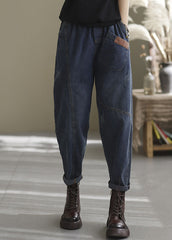 Natural blue-yellow love elastic waist Pockets denim Pants