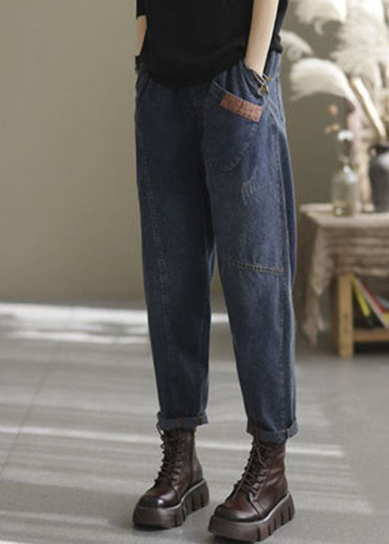 Natural blue-yellow love elastic waist Pockets denim Pants