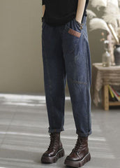 Natural blue-sunflower elastic waist Pockets denim Pants