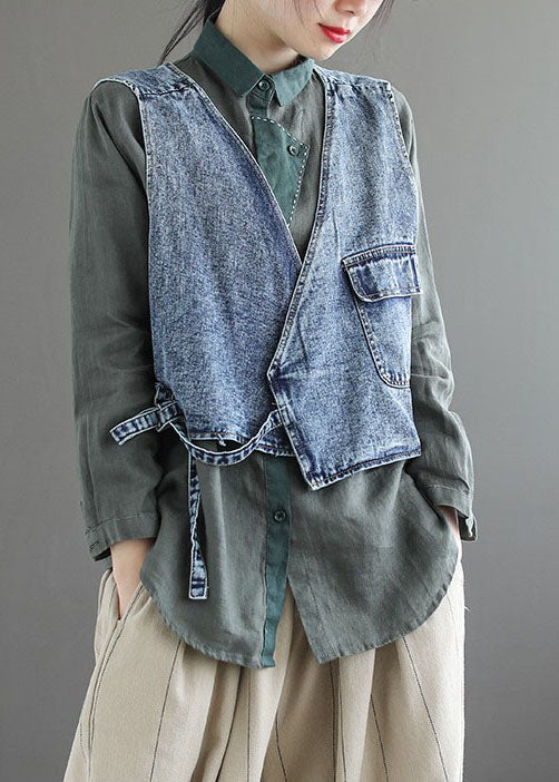 Natural Blue pockets tie waist Asymmetrical denim vest